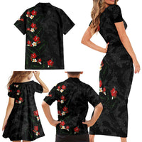 Hawaiian Taro Leaves-Hibiscus and Plumeria Family Matching Short Sleeve Bodycon Dress and Hawaiian Shirt Floral Tribal Tattoo Motif