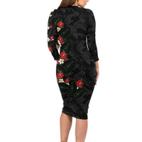 Hawaiian Taro Leaves-Hibiscus and Plumeria Long Sleeve Bodycon Dress Floral Tribal Tattoo Motif