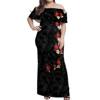 Hawaiian Taro Leaves-Hibiscus and Plumeria Off Shoulder Maxi Dress Floral Tribal Tattoo Motif