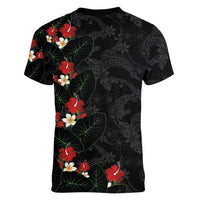 Hawaiian Taro Leaves-Hibiscus and Plumeria Women V-Neck T-Shirt Floral Tribal Tattoo Motif