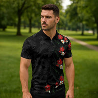 Hawaiian Taro Leaves-Hibiscus and Plumeria Zipper Polo Shirt Floral Tribal Tattoo Motif