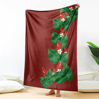 Hawaiian Taro Leaves-Hibiscus and Plumeria Blanket Polynesian Art-Kakau Tattoo Red