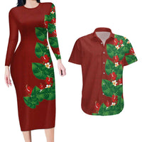 Hawaiian Taro Leaves-Hibiscus and Plumeria Couples Matching Long Sleeve Bodycon Dress and Hawaiian Shirt Polynesian Art-Kakau Tattoo Red