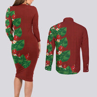 Hawaiian Taro Leaves-Hibiscus and Plumeria Couples Matching Long Sleeve Bodycon Dress and Long Sleeve Button Shirt Polynesian Art-Kakau Tattoo Red