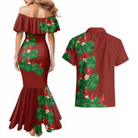 Hawaiian Taro Leaves-Hibiscus and Plumeria Couples Matching Mermaid Dress and Hawaiian Shirt Polynesian Art-Kakau Tattoo Red