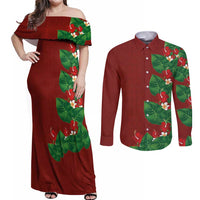 Hawaiian Taro Leaves-Hibiscus and Plumeria Couples Matching Off Shoulder Maxi Dress and Long Sleeve Button Shirt Polynesian Art-Kakau Tattoo Red
