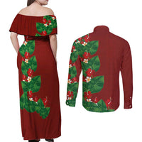 Hawaiian Taro Leaves-Hibiscus and Plumeria Couples Matching Off Shoulder Maxi Dress and Long Sleeve Button Shirt Polynesian Art-Kakau Tattoo Red