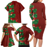 Hawaiian Taro Leaves-Hibiscus and Plumeria Family Matching Long Sleeve Bodycon Dress and Hawaiian Shirt Polynesian Art-Kakau Tattoo Red