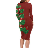 Hawaiian Taro Leaves-Hibiscus and Plumeria Family Matching Long Sleeve Bodycon Dress and Hawaiian Shirt Polynesian Art-Kakau Tattoo Red