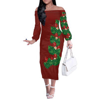Hawaiian Taro Leaves-Hibiscus and Plumeria Family Matching Off The Shoulder Long Sleeve Dress and Hawaiian Shirt Polynesian Art-Kakau Tattoo Red