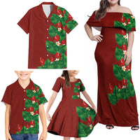 Hawaiian Taro Leaves-Hibiscus and Plumeria Family Matching Off Shoulder Maxi Dress and Hawaiian Shirt Polynesian Art-Kakau Tattoo Red LT03 - Polynesian Pride