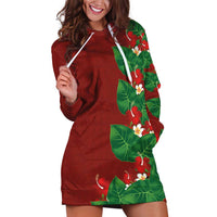 Hawaiian Taro Leaves-Hibiscus and Plumeria Hoodie Dress Polynesian Art-Kakau Tattoo Red