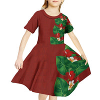 Hawaiian Taro Leaves-Hibiscus and Plumeria Kid Short Sleeve Dress Polynesian Art-Kakau Tattoo Red
