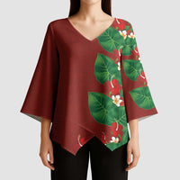 Hawaiian Taro Leaves-Hibiscus and Plumeria Kimono Sleeve Blouse Polynesian Art-Kakau Tattoo Red