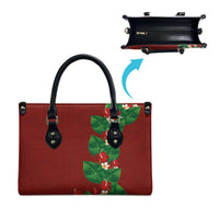 Hawaiian Taro Leaves-Hibiscus and Plumeria Leather Bag Polynesian Art-Kakau Tattoo Red
