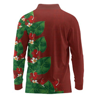 Hawaiian Taro Leaves-Hibiscus and Plumeria Long Sleeve Polo Shirt Polynesian Art-Kakau Tattoo Red