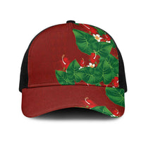 Hawaiian Taro Leaves-Hibiscus and Plumeria Mesh Trucker Cap Polynesian Art-Kakau Tattoo Red