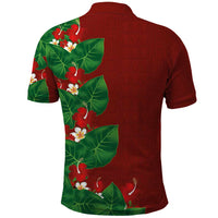 Hawaiian Taro Leaves-Hibiscus and Plumeria Polo Shirt Polynesian Art-Kakau Tattoo Red