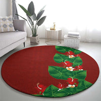 Hawaiian Taro Leaves-Hibiscus and Plumeria Round Carpet Polynesian Art-Kakau Tattoo Red
