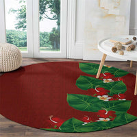 Hawaiian Taro Leaves-Hibiscus and Plumeria Round Carpet Polynesian Art-Kakau Tattoo Red