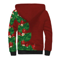 Hawaiian Taro Leaves-Hibiscus and Plumeria Sherpa Hoodie Polynesian Art-Kakau Tattoo Red