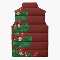 Hawaiian Taro Leaves-Hibiscus and Plumeria Sleeveless Puffer Jacket Polynesian Art-Kakau Tattoo Red