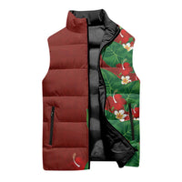 Hawaiian Taro Leaves-Hibiscus and Plumeria Sleeveless Puffer Jacket Polynesian Art-Kakau Tattoo Red