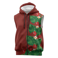 Hawaiian Taro Leaves-Hibiscus and Plumeria Sleeveless Zip Hoodie Polynesian Art-Kakau Tattoo Red