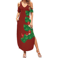 Hawaiian Taro Leaves-Hibiscus and Plumeria Summer Maxi Dress Polynesian Art-Kakau Tattoo Red