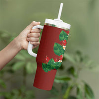Hawaiian Taro Leaves-Hibiscus and Plumeria Tumbler With Handle Polynesian Art-Kakau Tattoo Red