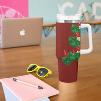 Hawaiian Taro Leaves-Hibiscus and Plumeria Tumbler With Handle Polynesian Art-Kakau Tattoo Red