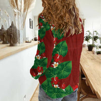 Hawaiian Taro Leaves-Hibiscus and Plumeria Women Casual Shirt Polynesian Art-Kakau Tattoo Red