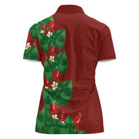 Hawaiian Taro Leaves-Hibiscus and Plumeria Women Polo Shirt Polynesian Art-Kakau Tattoo Red