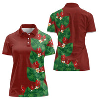 Hawaiian Taro Leaves-Hibiscus and Plumeria Women Polo Shirt Polynesian Art-Kakau Tattoo Red
