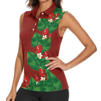 Hawaiian Taro Leaves-Hibiscus and Plumeria Women Sleeveless Polo Shirt Polynesian Art-Kakau Tattoo Red