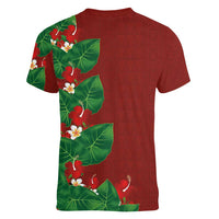 Hawaiian Taro Leaves-Hibiscus and Plumeria Women V-Neck T-Shirt Polynesian Art-Kakau Tattoo Red