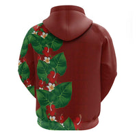 Hawaiian Taro Leaves-Hibiscus and Plumeria Zip Hoodie Polynesian Art-Kakau Tattoo Red