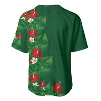 Hawaiian Taro Leaves-Hibiscus and Plumeria Baseball Jersey Polynesian Art-Kakau Tattoo Green