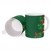 Hawaiian Taro Leaves-Hibiscus and Plumeria Ceramic Mug Polynesian Art-Kakau Tattoo Green