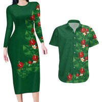 Hawaiian Taro Leaves-Hibiscus and Plumeria Couples Matching Long Sleeve Bodycon Dress and Hawaiian Shirt Polynesian Art-Kakau Tattoo Green
