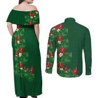 Hawaiian Taro Leaves-Hibiscus and Plumeria Couples Matching Off Shoulder Maxi Dress and Long Sleeve Button Shirt Polynesian Art-Kakau Tattoo Green