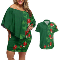 Hawaiian Taro Leaves-Hibiscus and Plumeria Couples Matching Off Shoulder Short Dress and Hawaiian Shirt Polynesian Art-Kakau Tattoo Green