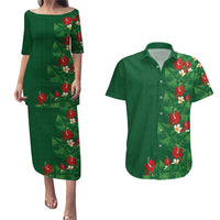 Hawaiian Taro Leaves-Hibiscus and Plumeria Couples Matching Puletasi and Hawaiian Shirt Polynesian Art-Kakau Tattoo Green