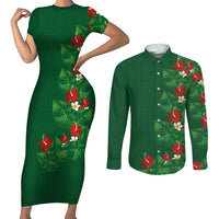 Hawaiian Taro Leaves-Hibiscus and Plumeria Couples Matching Short Sleeve Bodycon Dress and Long Sleeve Button Shirt Polynesian Art-Kakau Tattoo Green