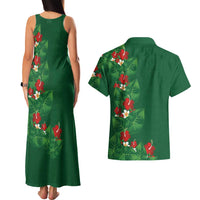 Hawaiian Taro Leaves-Hibiscus and Plumeria Couples Matching Tank Maxi Dress and Hawaiian Shirt Polynesian Art-Kakau Tattoo Green