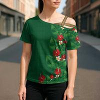 Hawaiian Taro Leaves-Hibiscus and Plumeria Cross Shoulder Shirt Polynesian Art-Kakau Tattoo Green