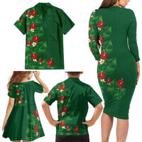 Hawaiian Taro Leaves-Hibiscus and Plumeria Family Matching Long Sleeve Bodycon Dress and Hawaiian Shirt Polynesian Art-Kakau Tattoo Green