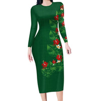 Hawaiian Taro Leaves-Hibiscus and Plumeria Family Matching Long Sleeve Bodycon Dress and Hawaiian Shirt Polynesian Art-Kakau Tattoo Green
