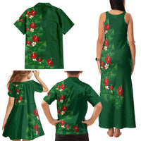 Hawaiian Taro Leaves-Hibiscus and Plumeria Family Matching Tank Maxi Dress and Hawaiian Shirt Polynesian Art-Kakau Tattoo Green