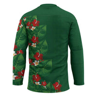 Hawaiian Taro Leaves-Hibiscus and Plumeria Hockey Jersey Polynesian Art-Kakau Tattoo Green